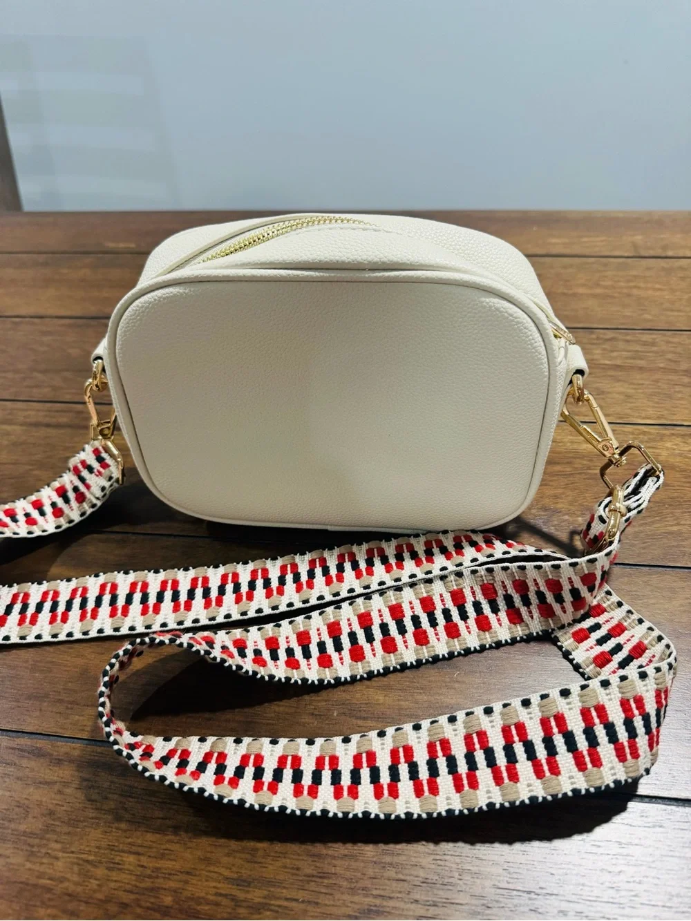 Cream Crossbody Bag with Removable Patterned Strap